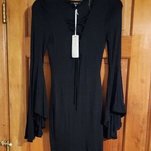 Black Long Sleeve Dress with Lace-Up Detail And Bell Sleeves